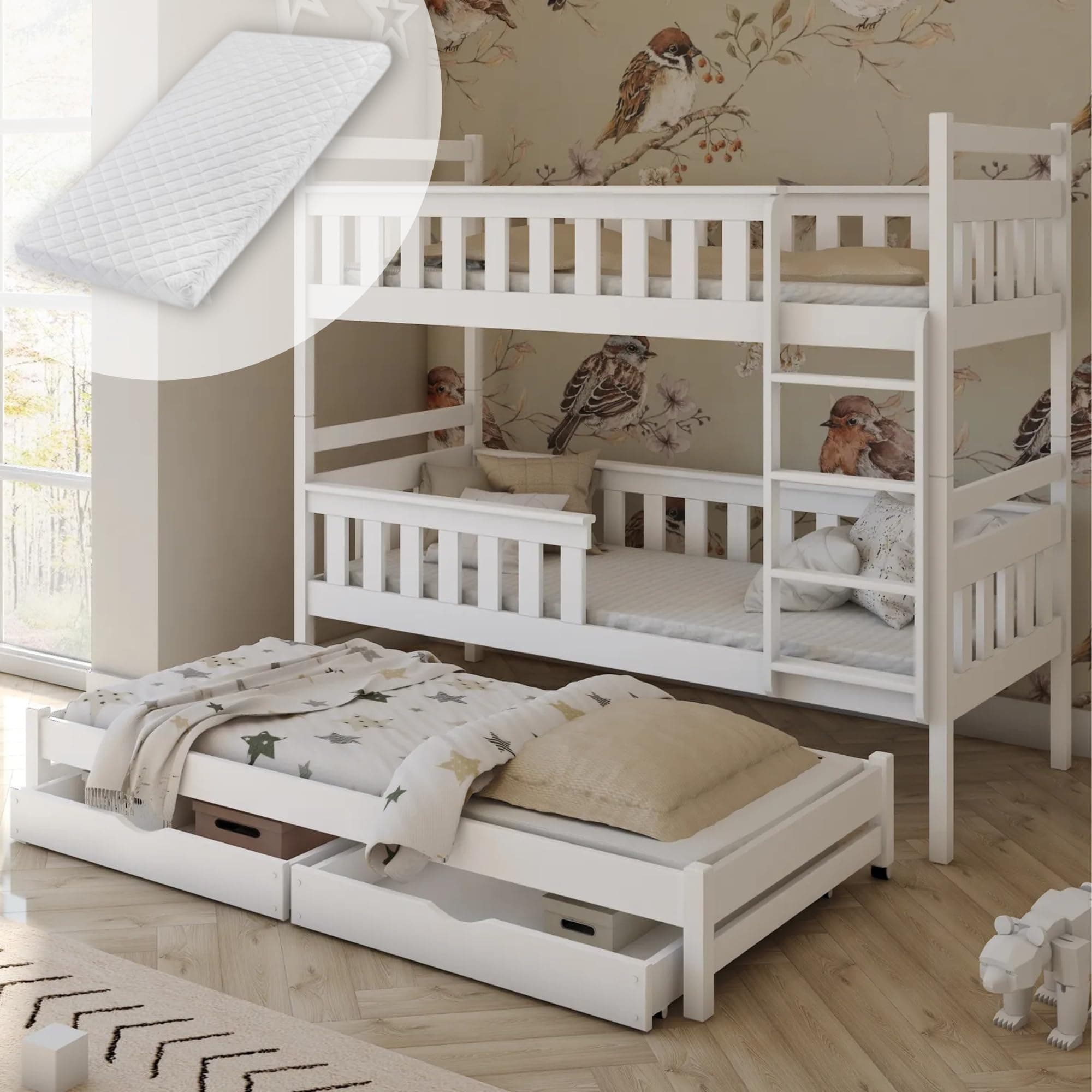 🚀 Hochbett 90x200 mit 3 Matratzen, Ausziehbett Etagenbett mit Ausziehfunktion, Zwei Schubladen, Lattenrost, Rausfallschutz umbaubar in DREI Einzelbetten Vollholz massiv weiß | für 4-18 Jahre + 3 Matratzen - Stil 2