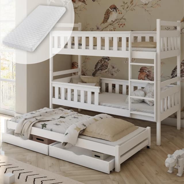 🚀 Hochbett 90x200 mit 3 Matratzen, Ausziehbett Etagenbett mit Ausziehfunktion, Zwei Schubladen, Lattenrost, Rausfallschutz umbaubar in DREI Einzelbetten Vollholz massiv weiß | für 4-18 Jahre + 3 Matratzen - Stil 2