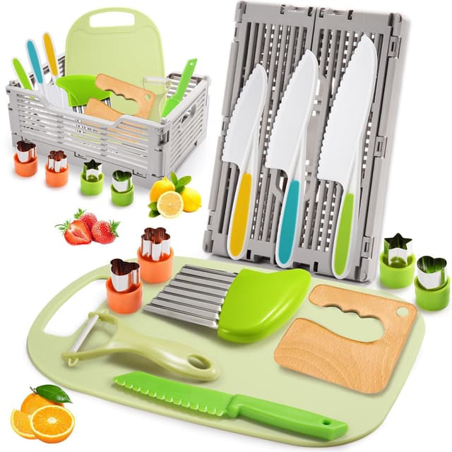 JoltJive Kindermesser Set mit Faltbarer Aufbewahrungsbox und Wellenschneider - Weihnachts- und Geburtstagsgeschenk