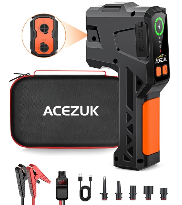 ACEZUK Starthilfe Powerbank 5000A Elektrische Luftpumpe 4-in-1 Powerbank als Auto Starthilfe mit LCD Bildschirm