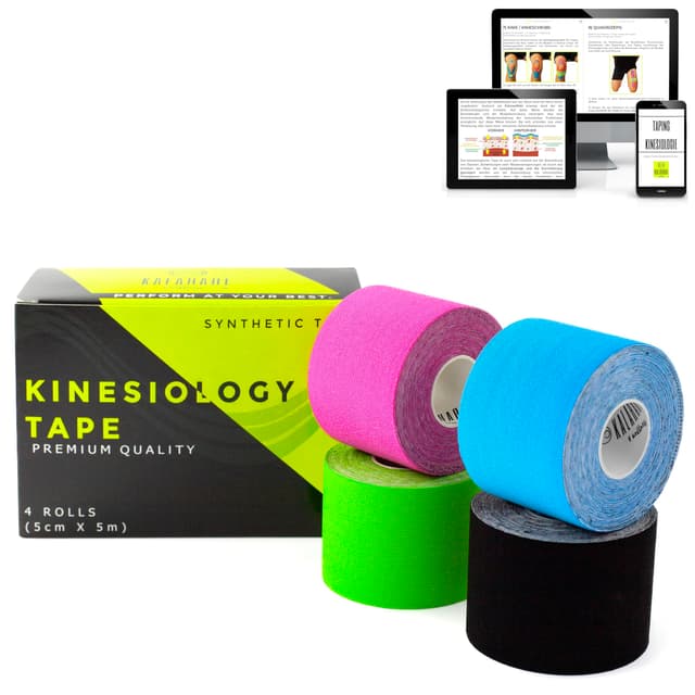 🌟 SUPER ANGEBOT! KALAHARI 4 x Rollen Kinesiologie Tape mit e-Book Anleitung auf Deutsch