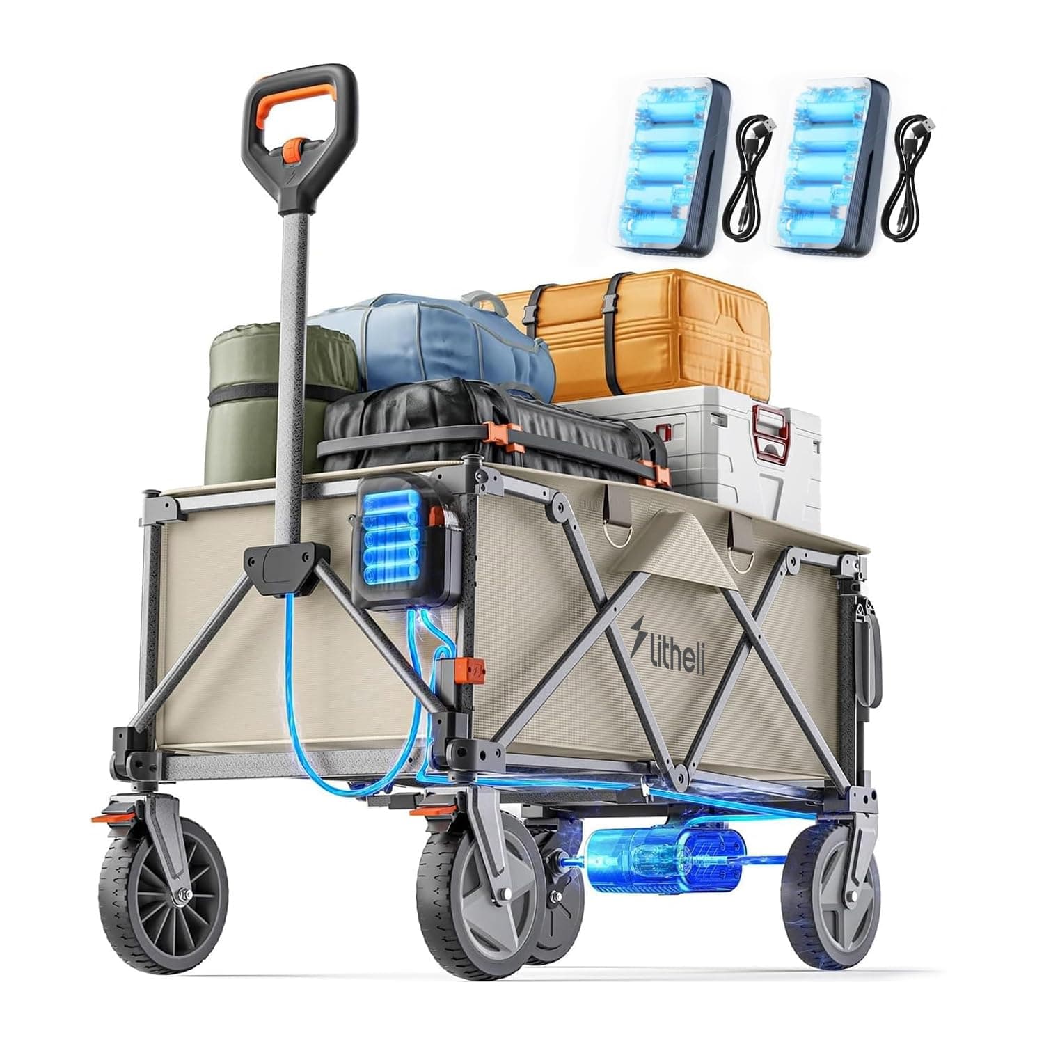 Litheli Elektrokarre Bollerwagen, Bollerwagen Faltbar - Beige W1 Pro mit 2 Akku