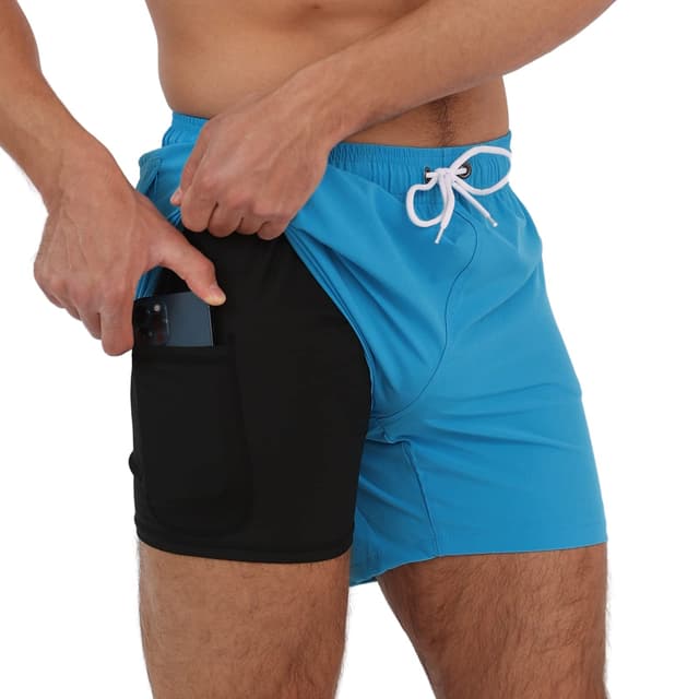 Arcweg Herren Badehose mit Kompression Badeshorts 2 in 1 Schnelltrocknend Schwimmhose 5.5" Badehose mit Innenhose Reißverschlusstasche Badeshorts S - XXL Blau XL Kurz ⚡️🩳