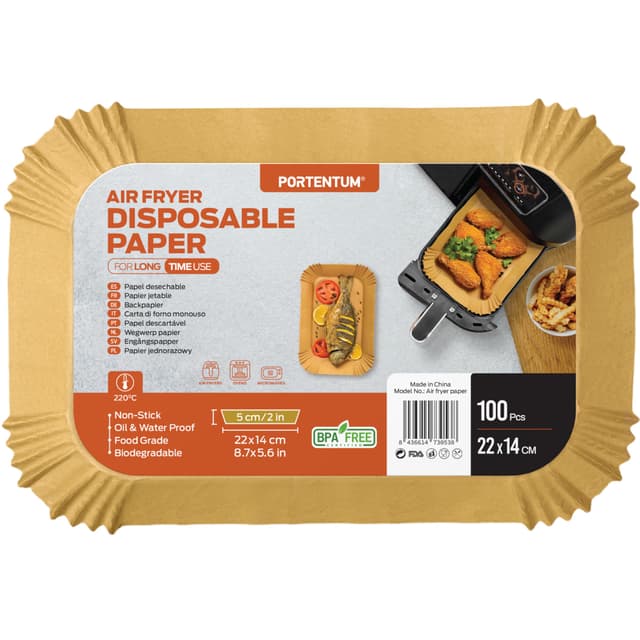 PORTENTUM Backpapier für Heißluftfritteuse | 100 Stück 22x14cm Rechteckig Airfryer Papier Liners