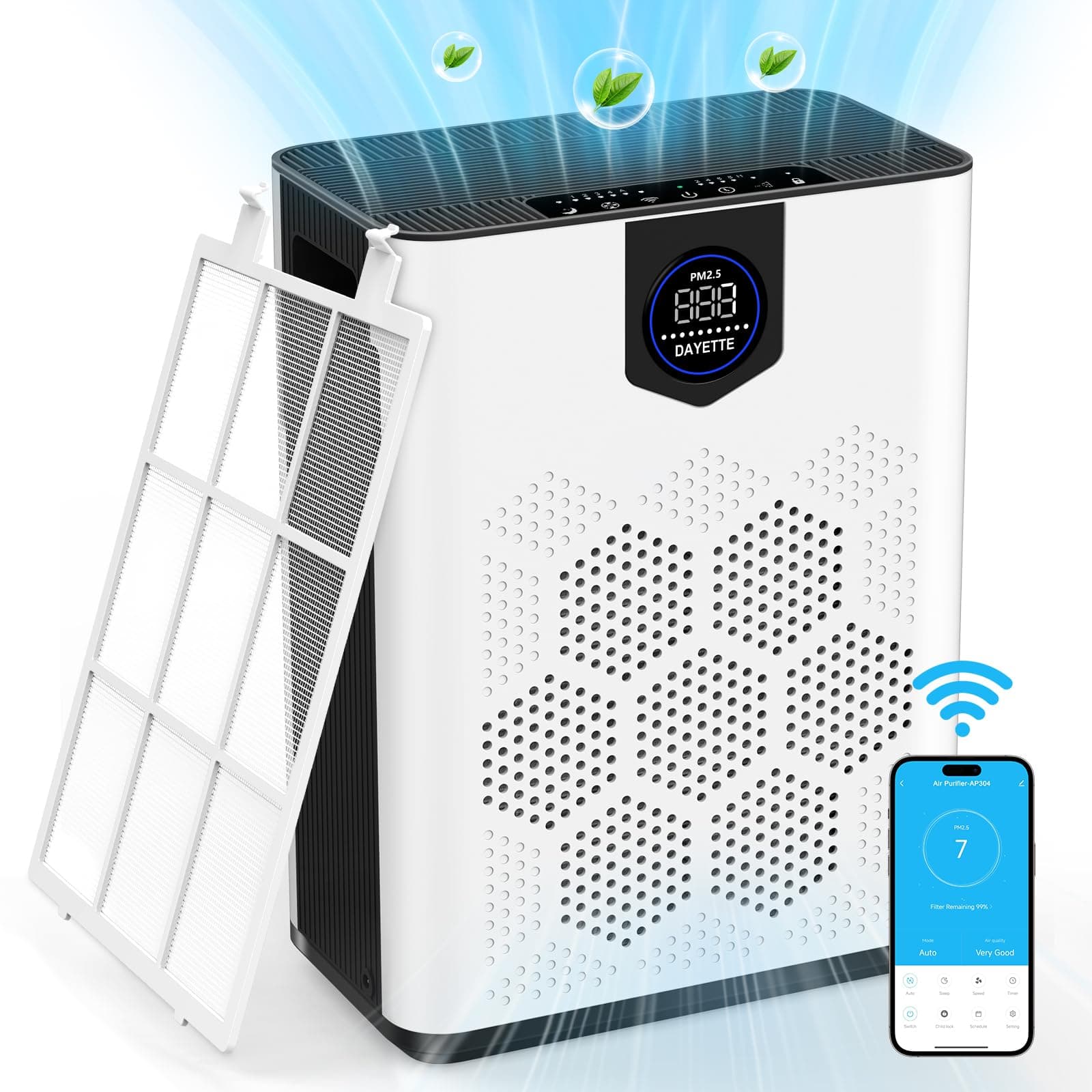 WIFI Luftreiniger Allergiker mit HEPA 14 Washbarer Filter, CADR 300m³/h für 120㎡ Wohnung Raucherzimmer, Luftfilter mit APP Steuerung, Timer, Air Purifier gegen Schimmel, Staub, Gerüche, Tierhaaren 120m² APP-Steuerung