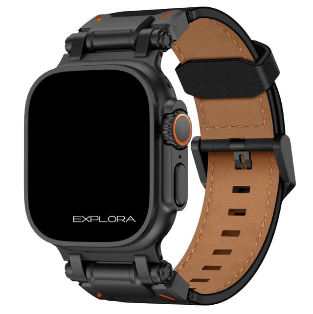 Premium Lederarmband Explora für Apple Watch Ultra 2 | Schwarz | 🚀 EYE CATCHER! ✨ HOCHWERTIG! 💪🏼 SICHER! 🤵🏻‍♂️ EDEL! ⌚️ Kompatibel mit Apple Watch Serien
