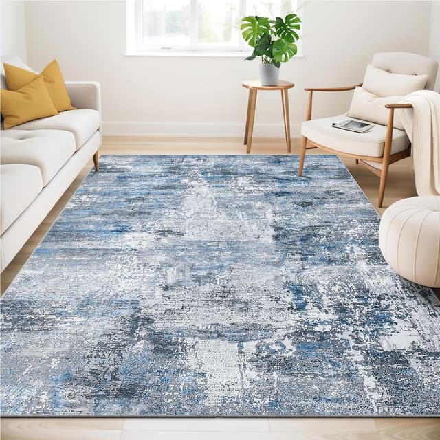 Guchuang Bedding Waschbar Teppich Wohnzimmer 200x300cm, Blau-Grau Meliert Verwischt Design Kurzflor