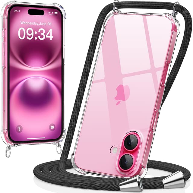 📱 Caslord Handyband Hülle mit Band Für iPhone 16 6.3 Zoll- Necklace Transparent Handyhülle Case mit Strap Schnur Abnehmbar, Schwarz iPhone 16 Schwarz