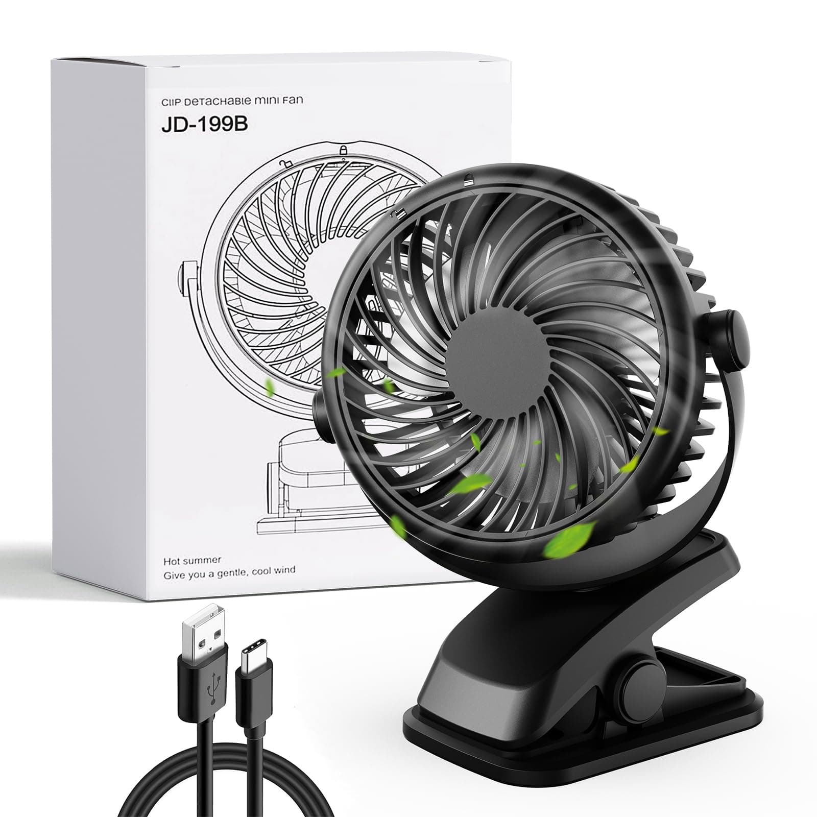 🌀 Gaeymy Mini Ventilator Akku mit Clip, USB-C Grow Ventilator Klein