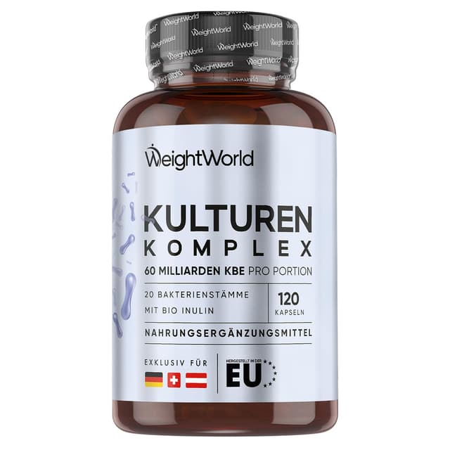 🌿 Kulturen Komplex mit 60 Mrd. KBE - 20 Bakterienstämme und Bio Inulin - 120 vegane Kapseln 🌿