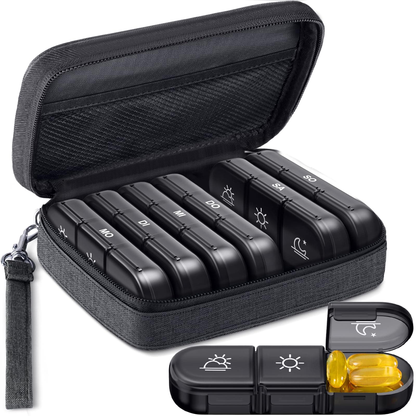 AUVON Tablettenbox 7 Tage mit Canvas Tasche 🌿 DOPPELTES SCHUTZDESIGN 🛡️ EXTRA GROßE KAPAZITÄT 💊 BPA-FREI