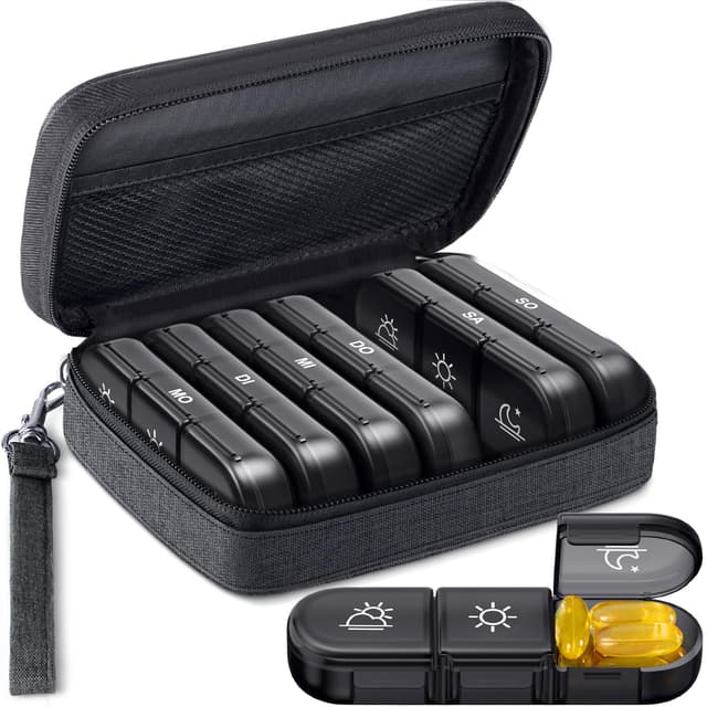 AUVON Tablettenbox 7 Tage mit Canvas Tasche 🌿 DOPPELTES SCHUTZDESIGN 🛡️ EXTRA GROßE KAPAZITÄT 💊 BPA-FREI