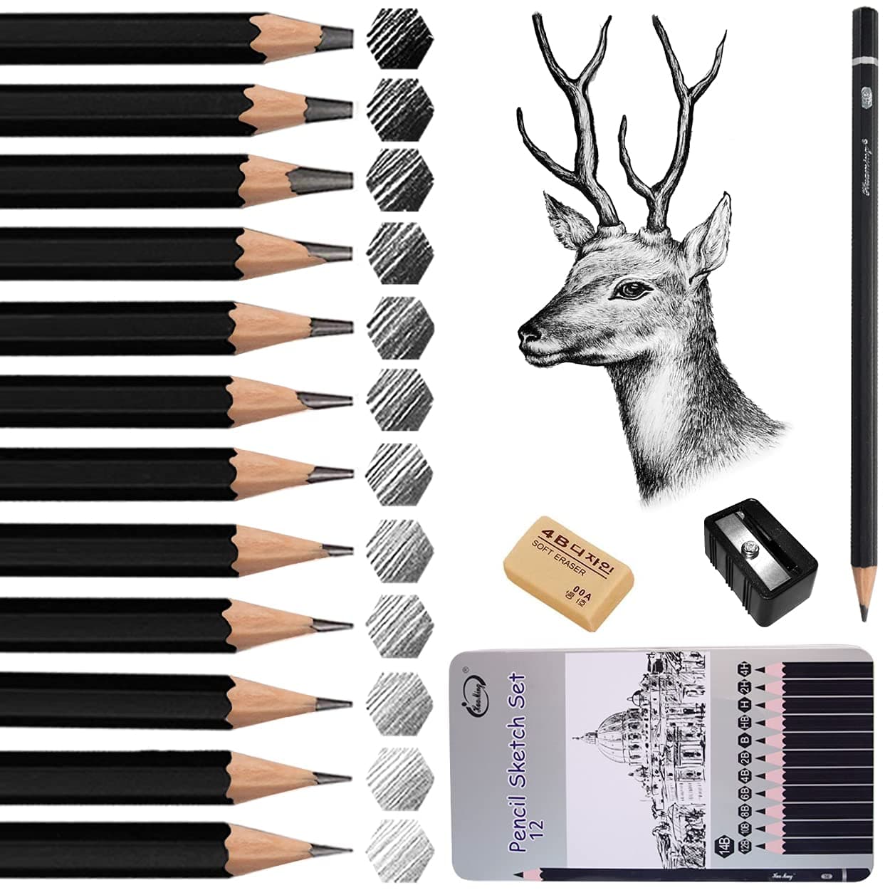Surcotto Bleistift Set, 12 Zeichenstifte Set, Skizzienstifte mit Spitzer und Radiergummi