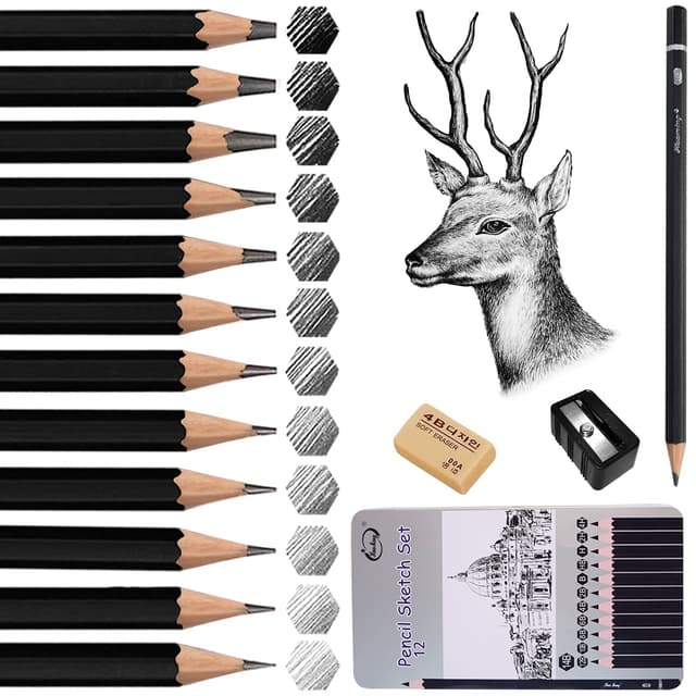 Surcotto Bleistift Set, 12 Zeichenstifte Set, Skizzienstifte mit Spitzer und Radiergummi