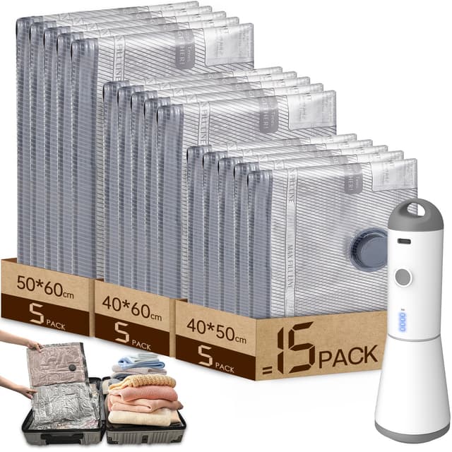 Vacbird Vakuumbeutel für Kleidung mit Kabelloser Vakuumpumpe, 15 Stück 🧳
