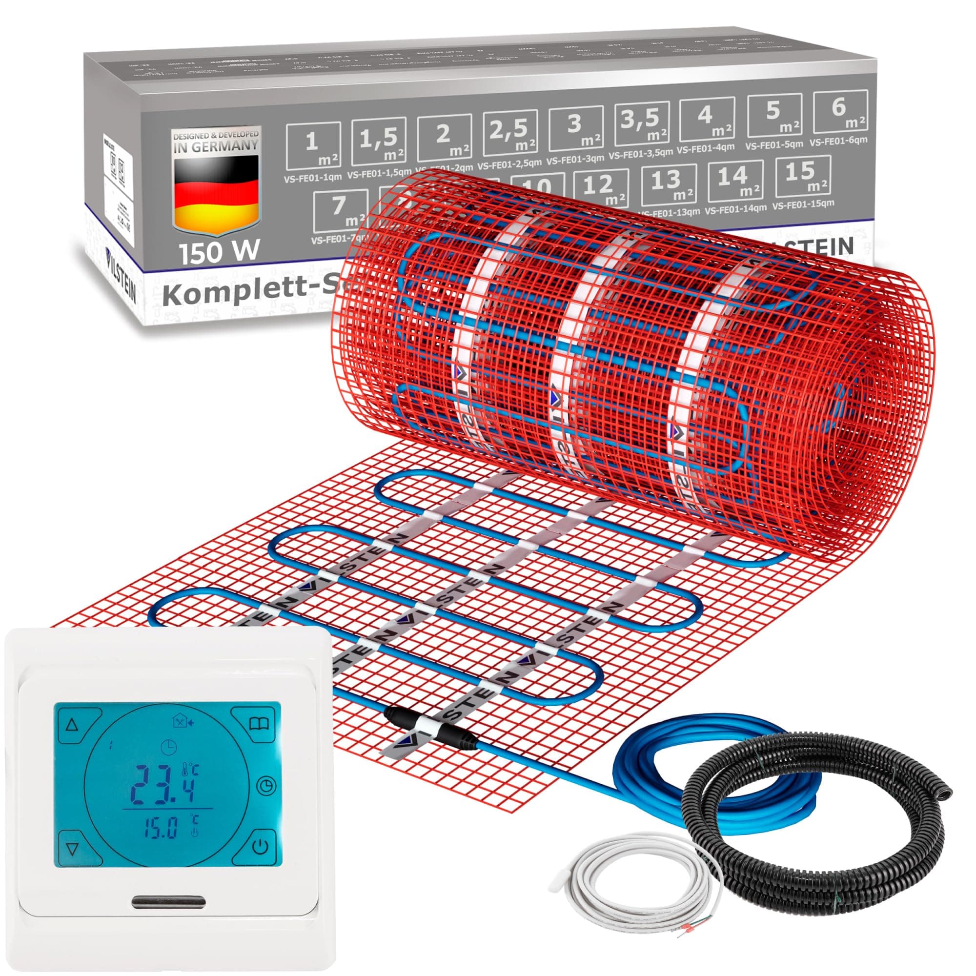 VILSTEIN Elektrische Fußbodenheizung 150W/m² - Komplett-Set - 10m² - 20m 🏠🛠️🌡️