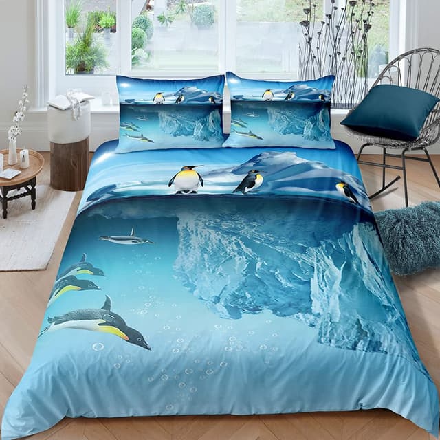 🐧 XPINGO Kinder Bettwäsche Pinguin 135x200 cm 2teilig 🌟 Jungen und Mädchen 100% Mikrofaser 🌞 Sommer Weiche Winter Warm 🛏️ Bettbezüge 3D Winter Thema 🌨️ Bettbezug mit Kissenbezüge 80x80 cm Color12 135x200cm+80x80cm