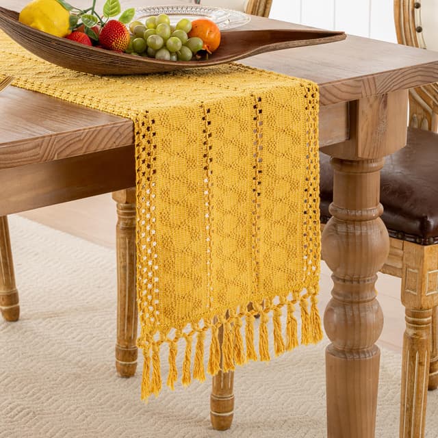 🌿 Serento Makramee Tischläufer Gelb Baumwoll Tischläufer Rustikale Gestrickt Leinen Häkelspitze 🌻