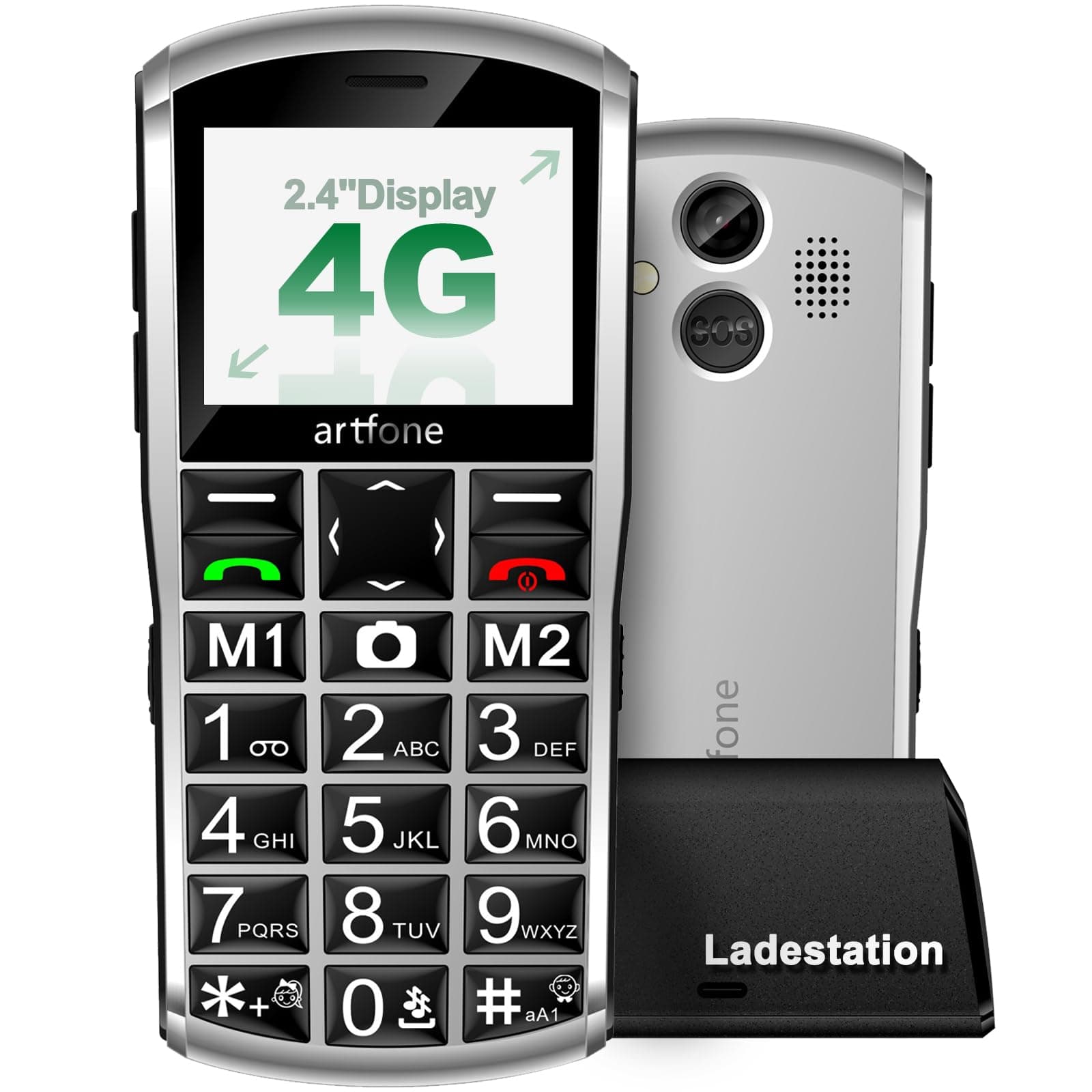 📱👵 Artfone A400-4G Seniorenhandy ohne Vertrag | Große Tasten | Notruftaste | Dual-SIM | Silber