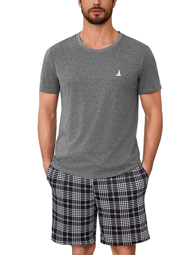 Jahetuul Schlafanzug Herren kurz Schlafhose Karomuster Pyjama Herren Sommer Rundhals Schlafanzüge für Herren Pyjamashort Jungen Nachtwäsche Männer L Grau-2 ✨🌙