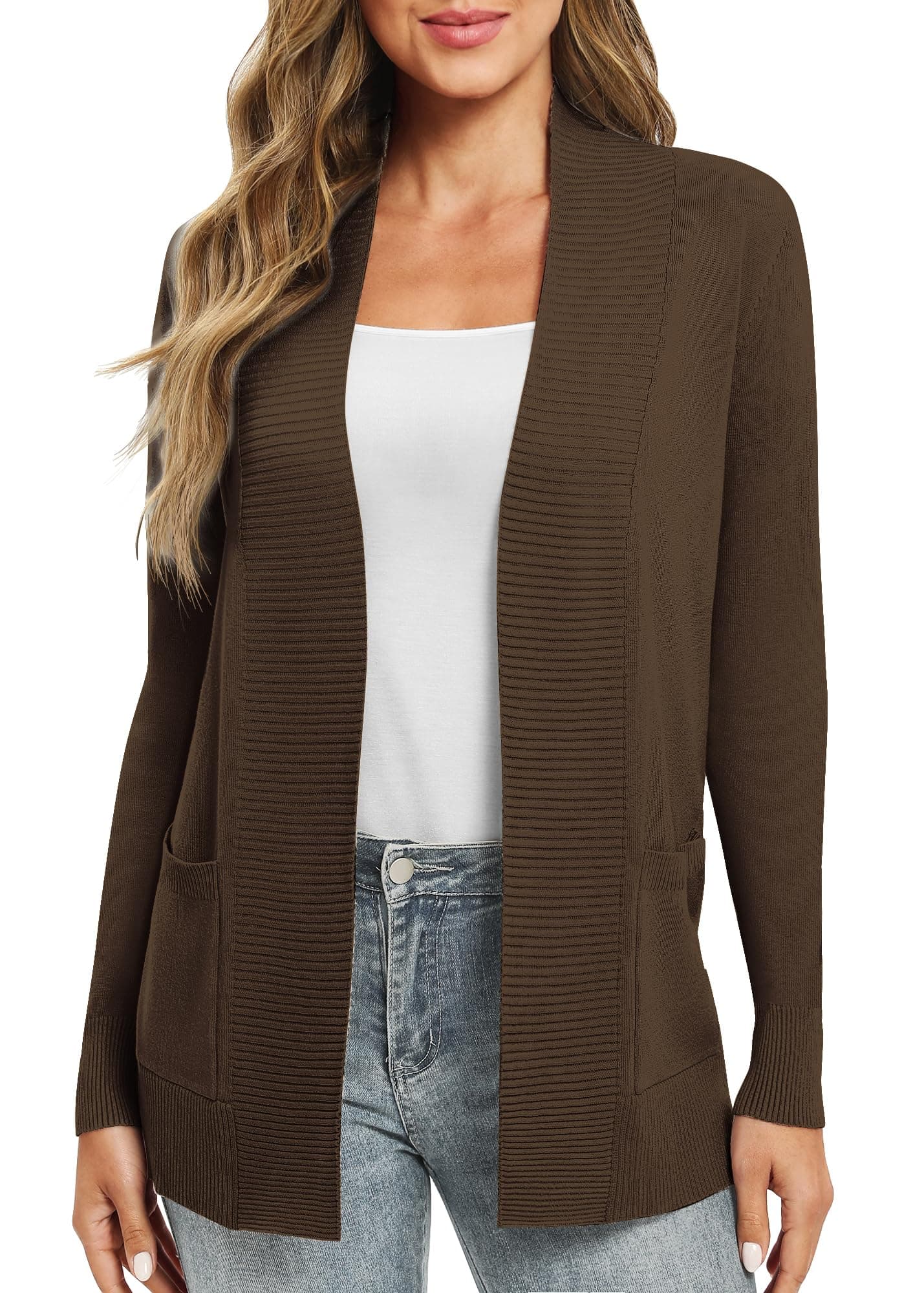 EXCHIC Leicht Damen Lange Ärmel V-Ausschnitt Lange Gestrickt Cardigan Gemütlich Offene Front Strickjacke mit Taschen XXL Braun