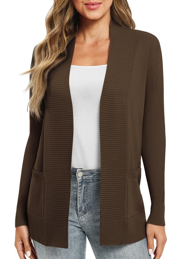 EXCHIC Leicht Damen Lange Ärmel V-Ausschnitt Lange Gestrickt Cardigan Gemütlich Offene Front Strickjacke mit Taschen XXL Braun