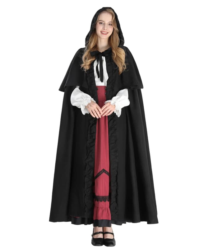 ✧ FCCAM Umhang Mittelalter Umhang Damen Cloak Schwarz Umhang, L L Schwarz ✧