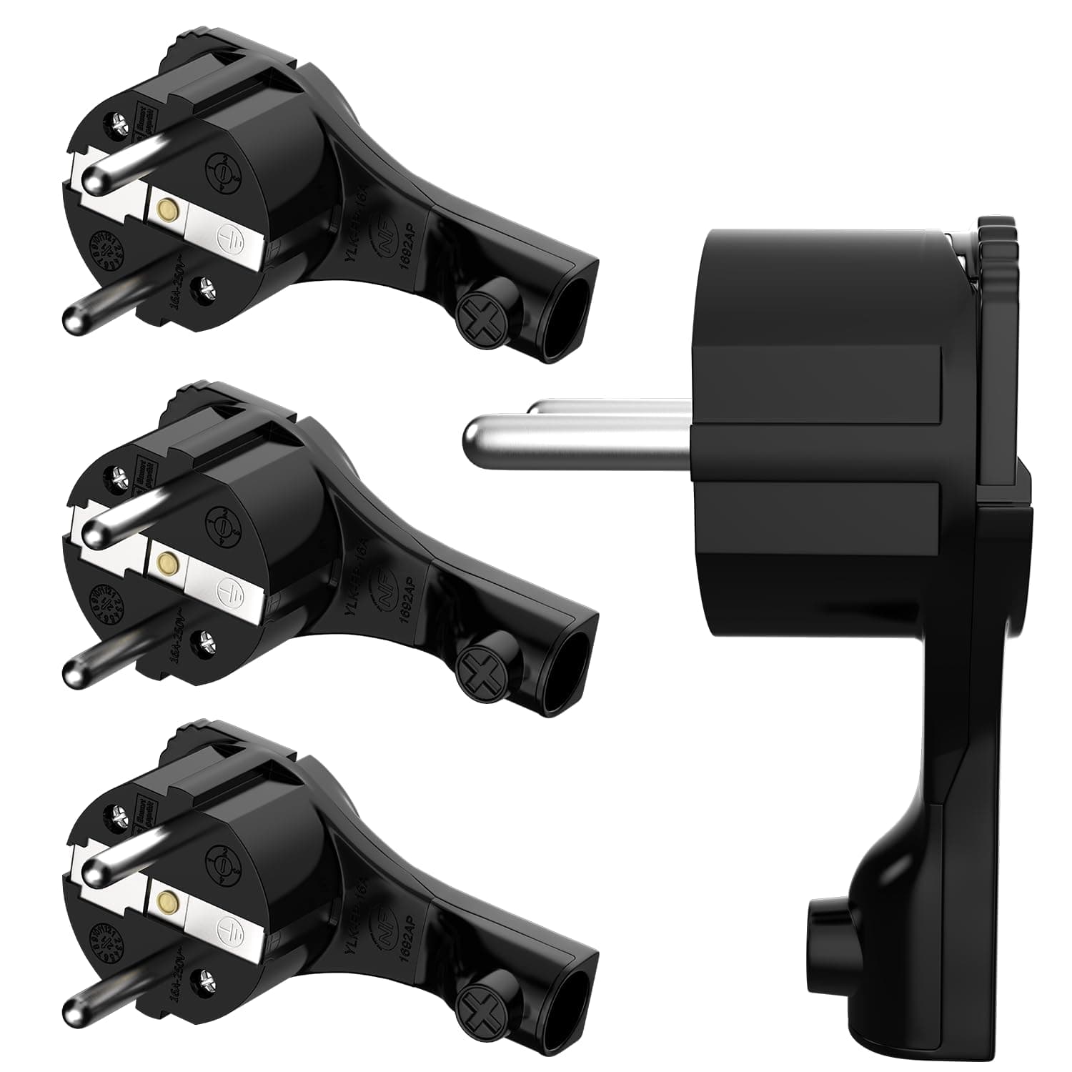 Schutzkontakt-Winkelstecker 250V, 16A, Flachstecker mit Klappgriff & Knickschutz, 8 mm Höhe, für Kabel bis 3x1,5 mm², CEE 7/7, Schuko-Winkelstecker extraflach mit Bügel, 4 Stück, Schwarz