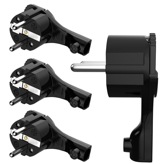Schutzkontakt-Winkelstecker 250V, 16A, Flachstecker mit Klappgriff & Knickschutz, 8 mm Höhe, für Kabel bis 3x1,5 mm², CEE 7/7, Schuko-Winkelstecker extraflach mit Bügel, 4 Stück, Schwarz