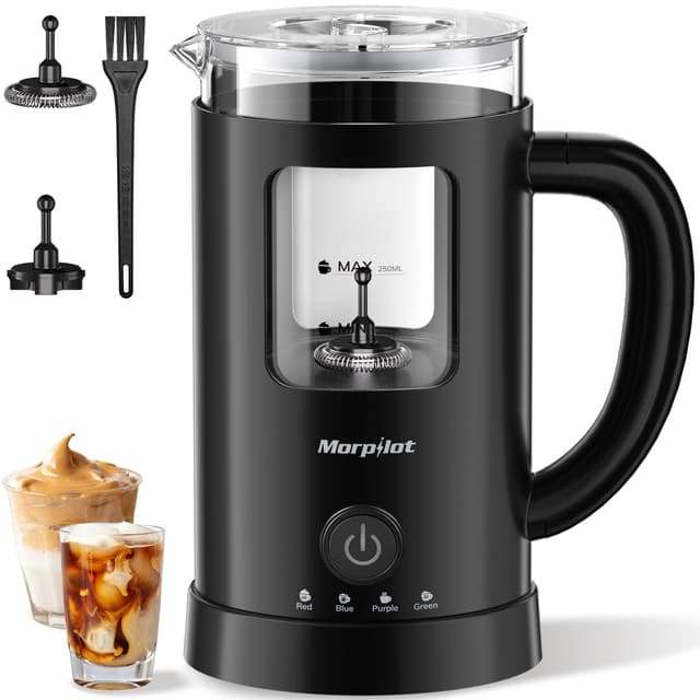 🥛 Morpilot Milchaufschäumer Elektrisch, 130-600ml 550W, 4 in 1 Milchschäumer für Heißer und Kalter, Visuelles Glas, Latte-Design, Schwarz - Angebot