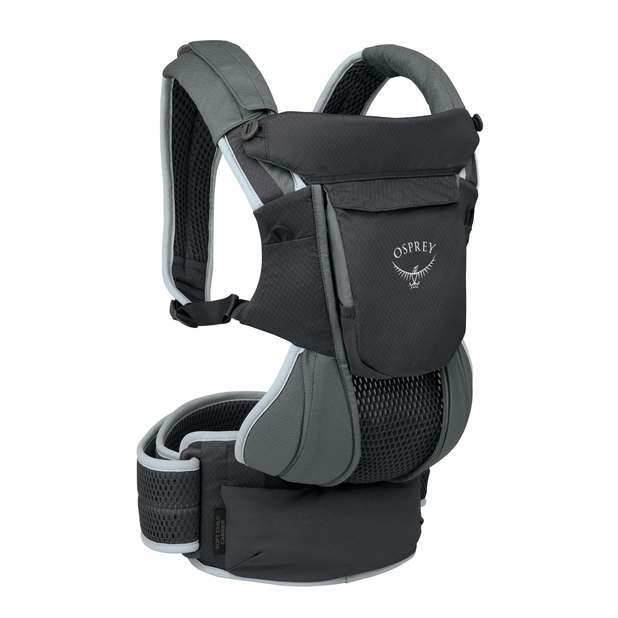 👶🎒 Osprey Poco Kind Träger - Deluxe Kind Cockpit - Integrierter Sonnenschutz - Atmungsaktive Federung - Verstellbare Passform - Maschinenwaschbare Sabberdecke - Bluesign-zertifizierte Materialien, Schwarzer Weicher Träger