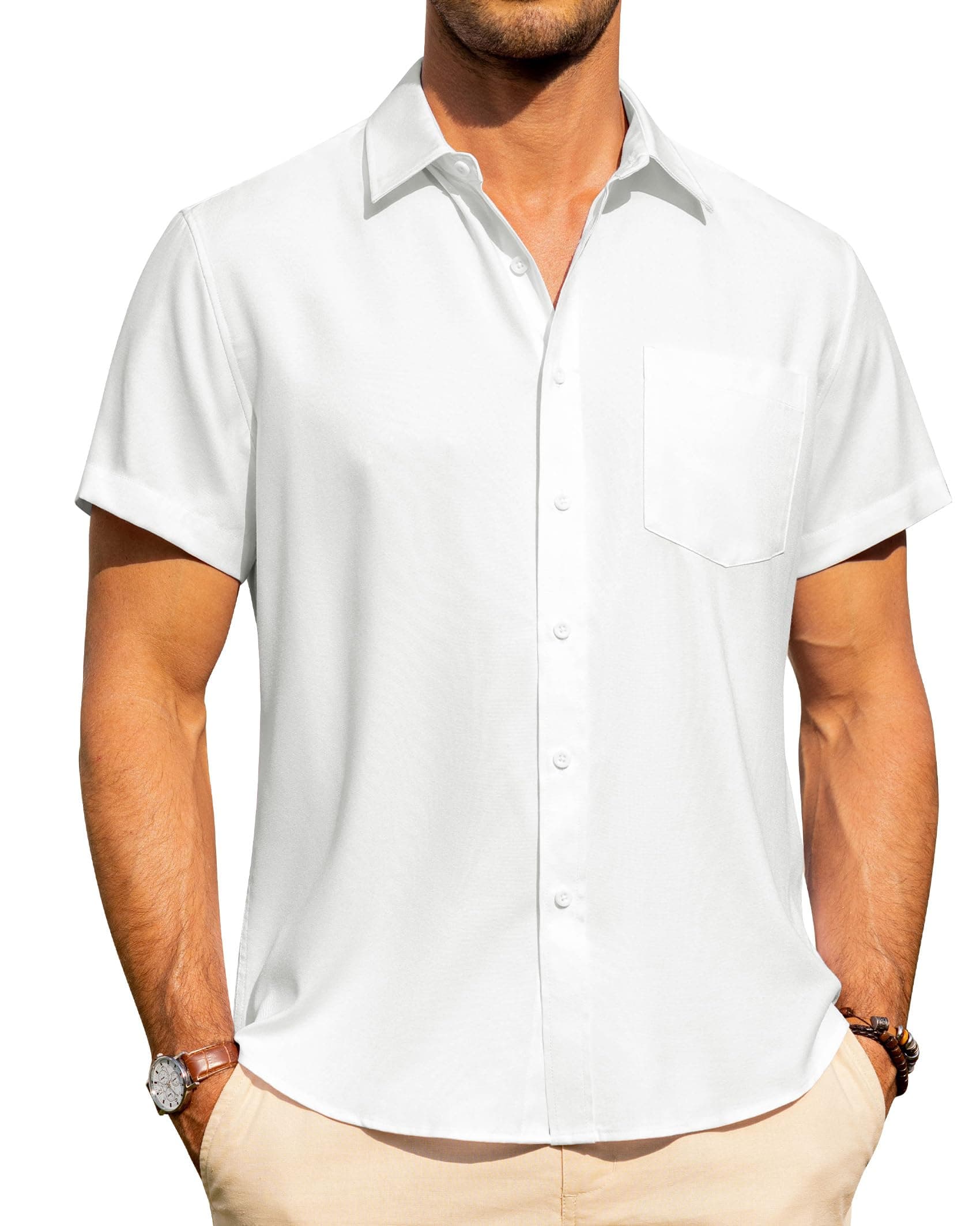 J.VER Leinenhemd Herren Kruzarm Freizeithemd 😎 Sommerhemd Leinen Shirt mit Tasche Weiß