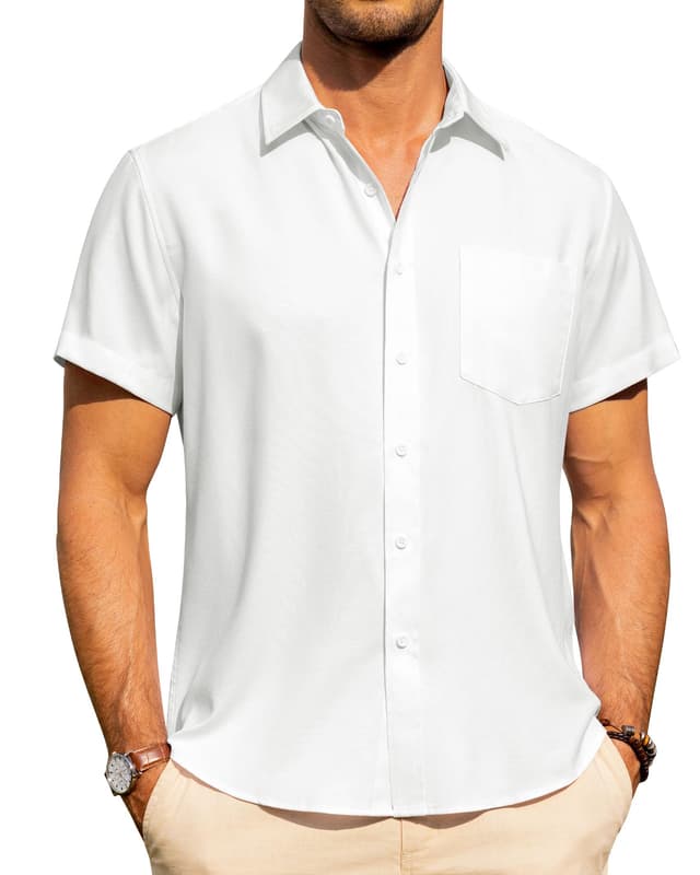 J.VER Leinenhemd Herren Kruzarm Freizeithemd 😎 Sommerhemd Leinen Shirt mit Tasche Weiß