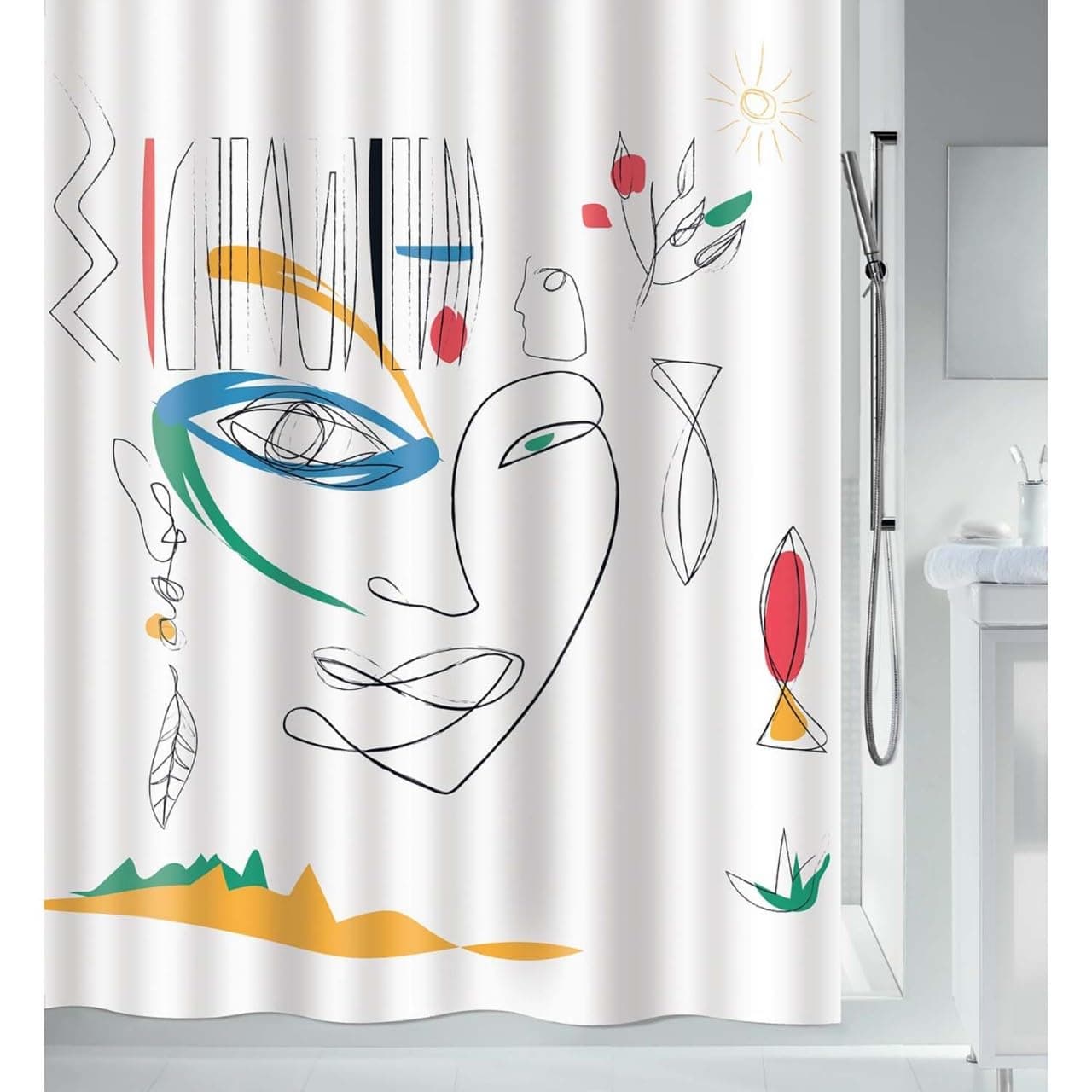 Spirella Schimmel Duschvorhang-Anti-Bakteriell, waschbar, wasserdicht-Polyester, „Faces“ 180x200cm Weiß Bunt 🚿🌈