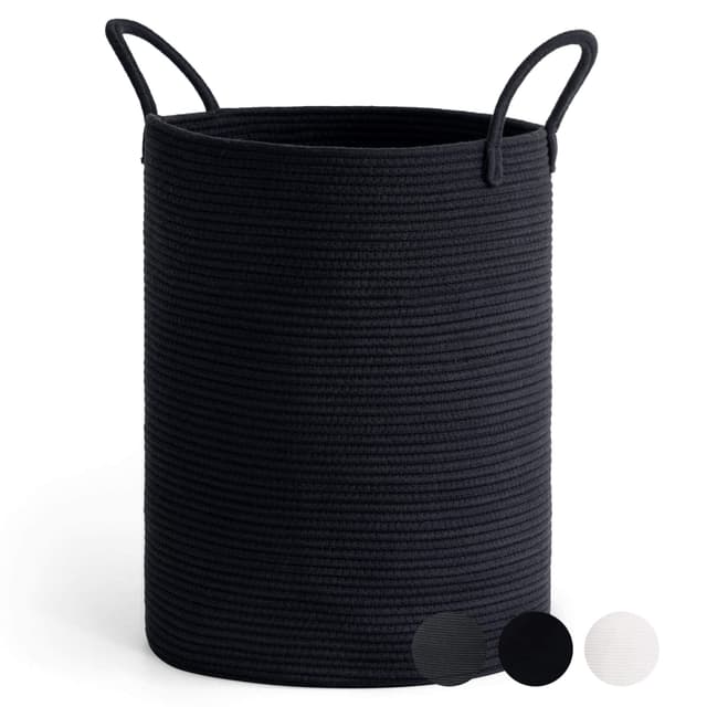 🧺🖤 Großer handgefertigter Baumwollwäschekorb mit Henkeln - Schwarz 58L