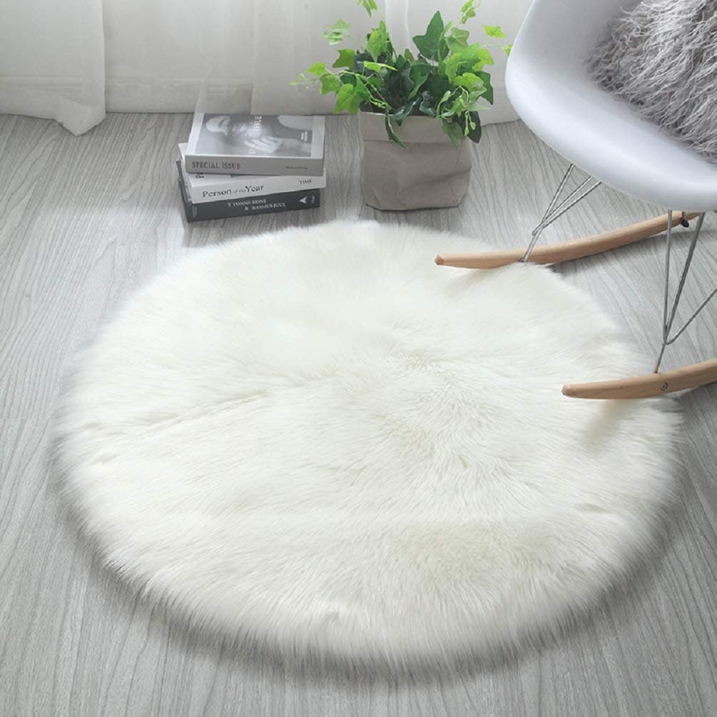 HARESLE Runder Teppich - Flauschiger Weißer Kunstfell Teppich 🛋️