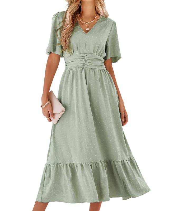 🌸👗 BebreezChic Sommerkleid Damen Lang Boho Elegant Kurzarm V-Ausschnitt Hohe Taille Swiss Dot Gerafft Blumen Strandkleid Maxikleid XL Hellgrün