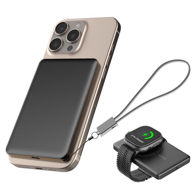 JUOVI Magnetische Wireless Powerbank, Ultra Slim 5000mAh Tragbare Ladegeräte 20W PD Schnelles Laden Mini Externe Akkupack (Schwarz, 20W)