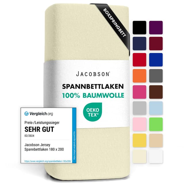 Jacobson Jersey Spannbettlaken Spannbetttuch 🛏️ 180x200-200x220 cm, Natur - Angebot