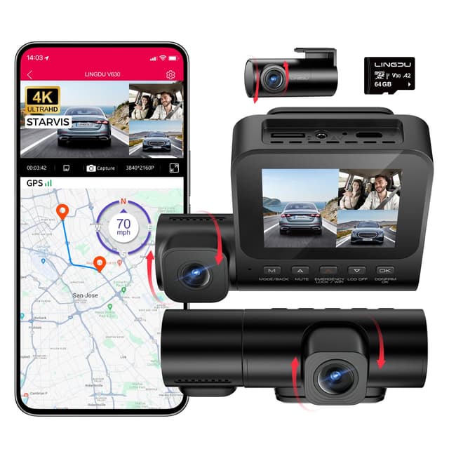 Dashcam Auto 4K+1080P+1080P 3 Kanal 4K Dashcam Auto 360 Grad mit 64GB SD Karte, WiFi GPS Autokamera mit IR Nachtsicht, Sprachbefehl, Parküberwachung, 2,4" IPS-Bildschirm Dash Cam, Loop-Aufnahm (V630) 🚗📹🌙