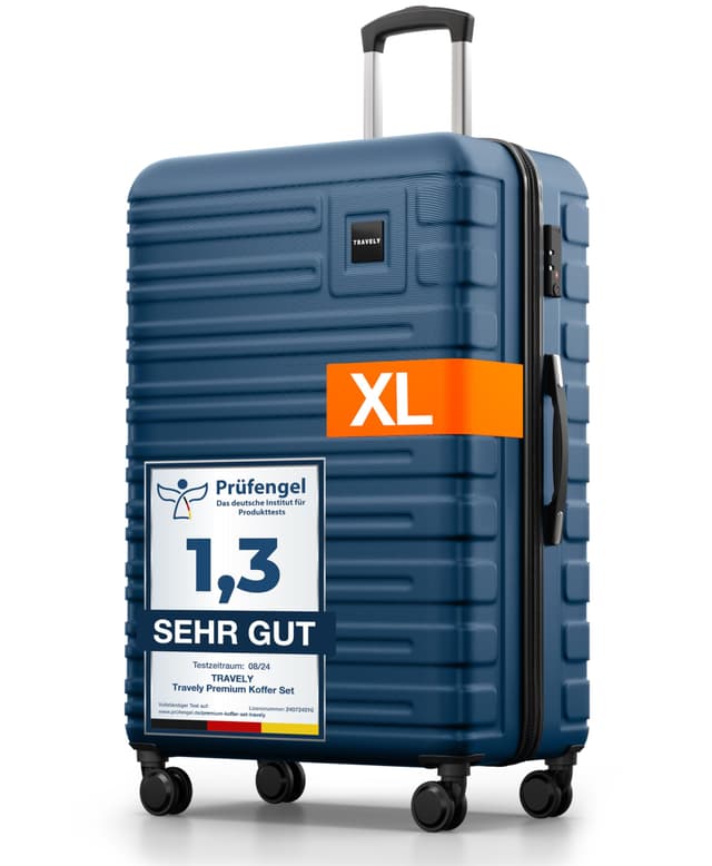 🧳 Travely Polycarbonat Koffer Groß 77cm XL - 100L Innenvolumen - 158cm Gurtmaß Tiefseeblau 🌊