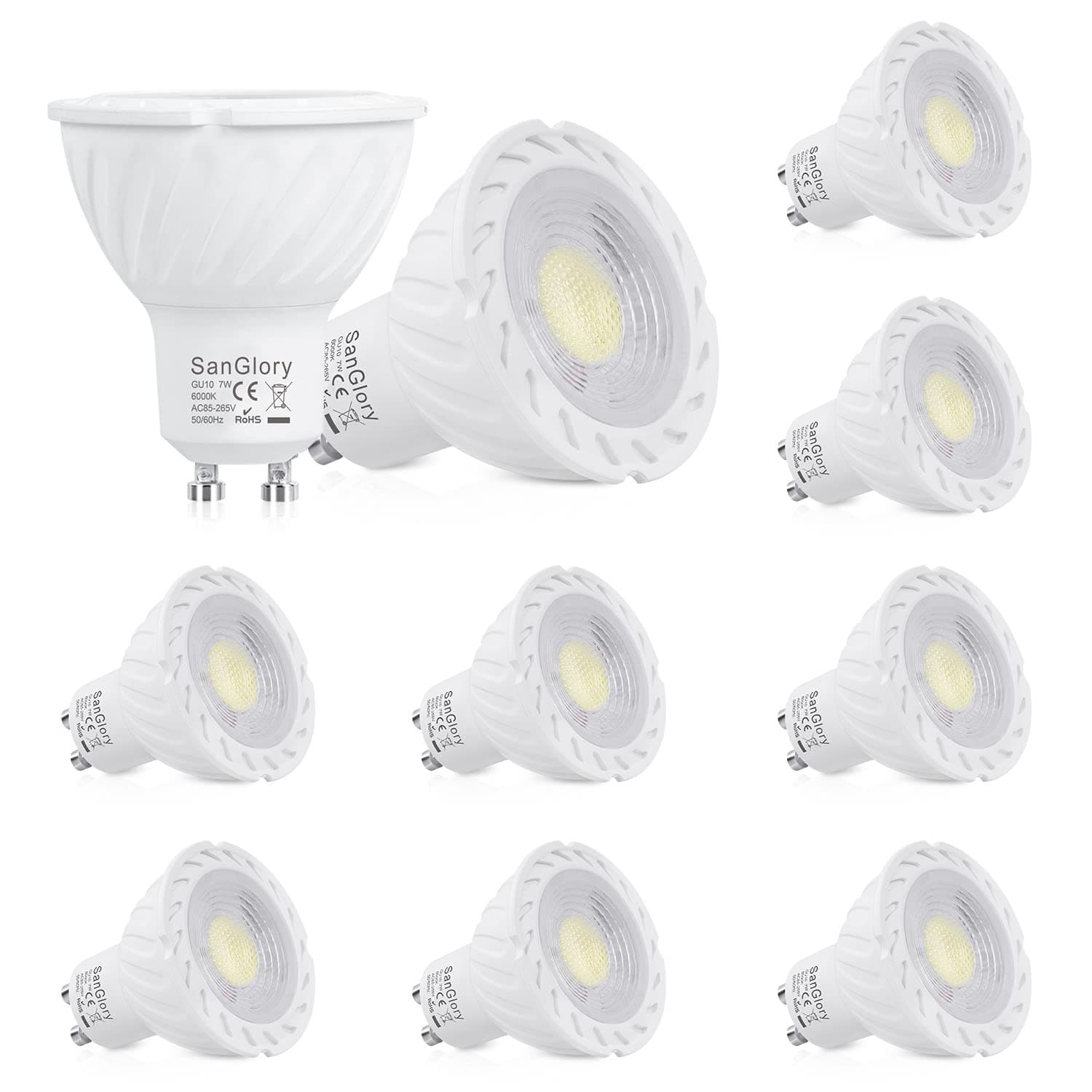 SanGlory GU10 LED Kaltweiss, 7W GU10 LED Lampe ersetzt 50W 60W 70W Halogenlampe, 680LM, 10er-Pack