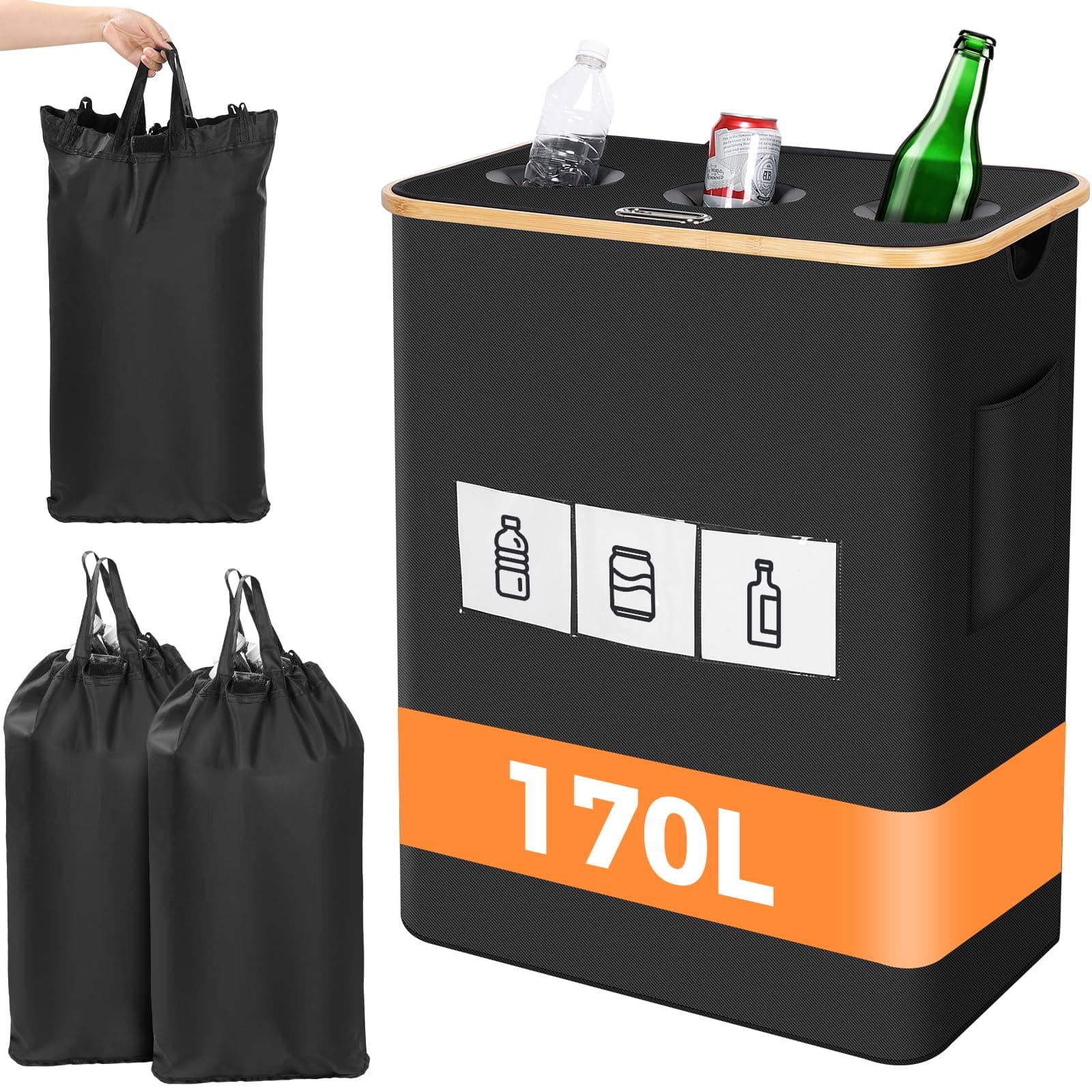 OUSFOT Pfandflaschen Sammelbehälter, 170L Schwarz 3 Fächer 🌟 Küchenleergut-Behälter 🌟