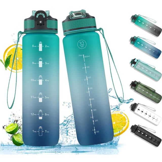 NAVTUE Trinkflasche, 1L Sport-Wasserflasche mit Strohhalm, Zeitmarkierungen, auslaufsicher, Tritan, BPA-frei, Wasserflasche für Schule Radfahren Laufen (Grün Blau) 🌿💧🏃