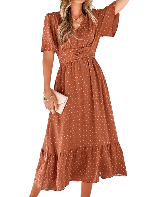 👗 BebreezChic Sommerkleid Damen Lang Boho Elegant Kurzarm V-Ausschnitt Hohe Taille Swiss Dot Gerafft Blumen Strandkleid Maxikleid XL Karamell