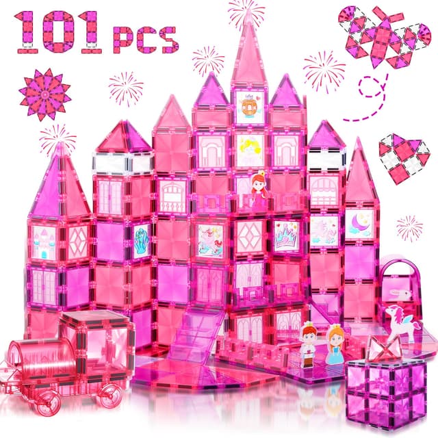 👸 W WISE BLOCK Magnetische Bausteine 101PCS mit Autos, Prinzessin Magnetische Bauklötze, STEM Konstruktionsspielzeug für 3 4 5 6 7 8 Jahre Junge Mädch, Rosa 101 Stück