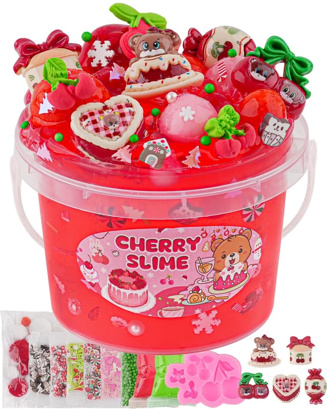 🍒🔴 Cherry Red Slime Set für Kinder, Schleim Bucket mit Schleim Ton, 10 Packungen Zubehör 🎉🎁