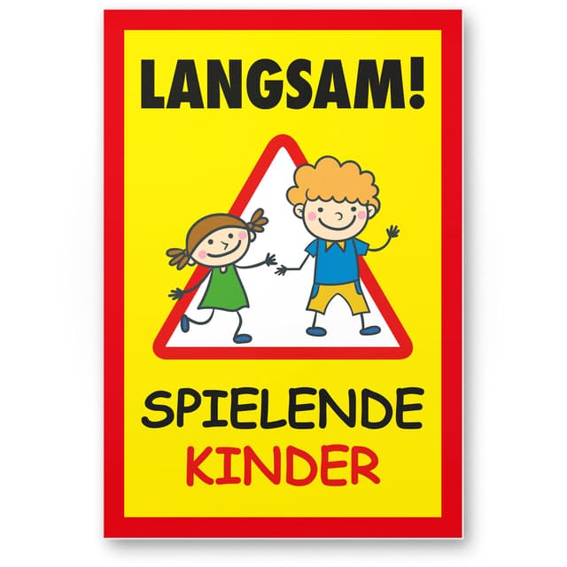 🚸 Komma Security Langsam Spielende Kinder Schild 20 x 30 cm Hinweisschild Warnzeichen Warnschild langsam fahren Warnung Hinweis Spielstraße Spielplatz - Vorsicht spielende Kinder 🚸