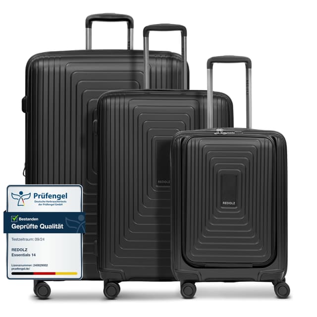 REDOLZ Hartschalen Koffer-Set-3-teilig | S 55 cm Laptopfach + M 66 cm + L 77 cm | Dehnfalte erweiterbar | Ultra-leicht | 4-Rollen & TSA (Essentials 14) Black Metallic Trolley 3-SET erweiterbar 🛄