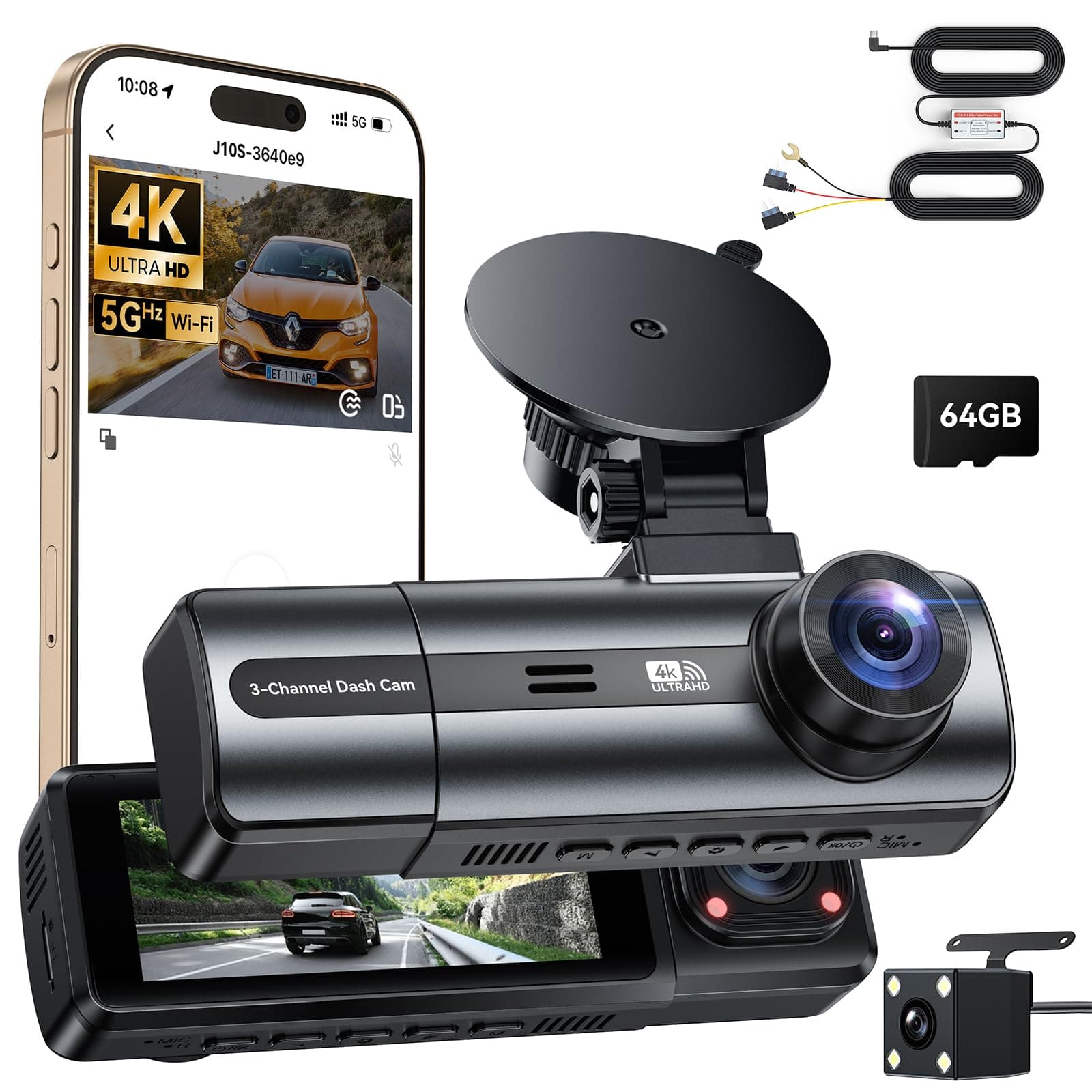 4K Dashcam Auto Vorne Hinten mit Hardwire Kit, WiFi Dash Cam mit Parküberwachung, 64GB SD Karte